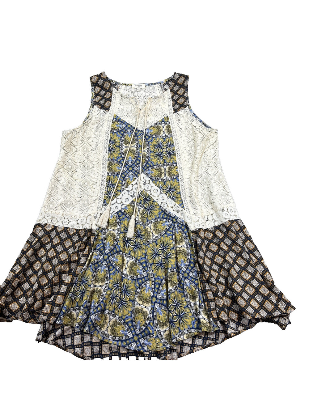 Umgee Size L Sleeveless Dress Tassels Multicolor Ivory Lace Flowing Cottagecore